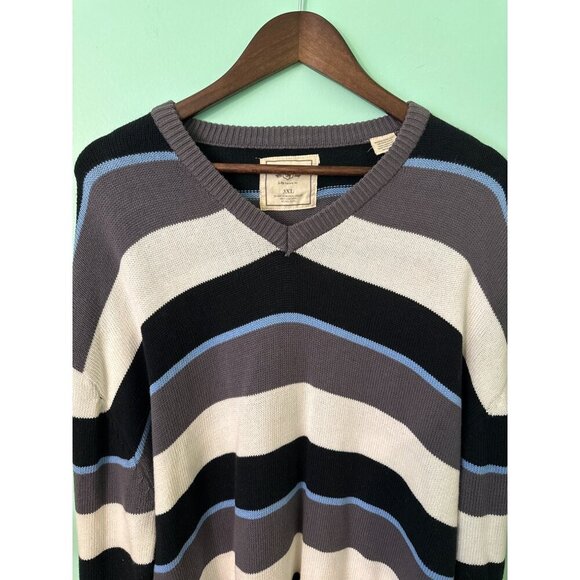 Mens 3XL Striped Pullover Sweater V-Neck Black/Gray/White 100% Cotton Casual Kni - Picture 3 of 7